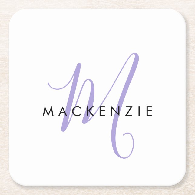 Elegant Modern White Lavender Script Monogram Square Paper Coaster (Front)