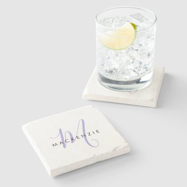 Elegant Modern White Lavender Script Monogram Stone Coaster (Side)