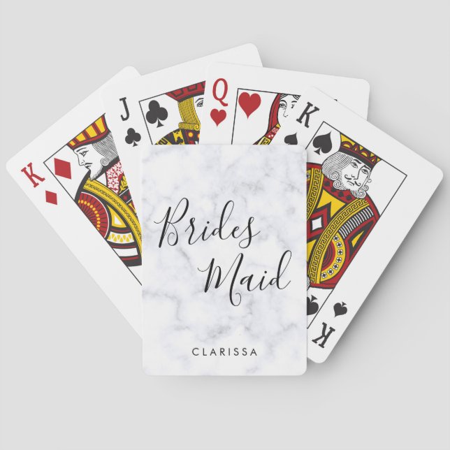 Elegant & modern white marble bridesmaid playing cards (Back)