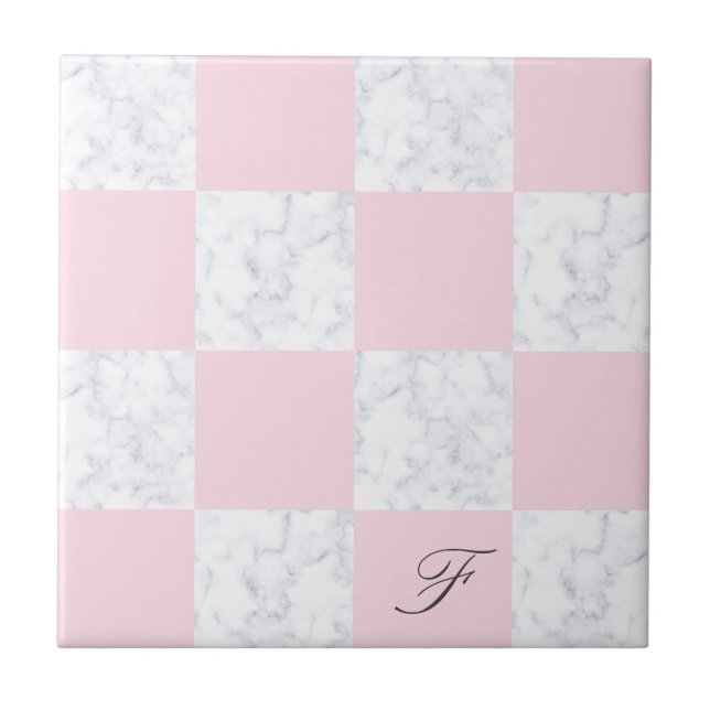 Elegant modern white marble pink chequered tile (Front)