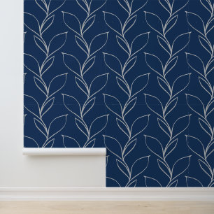 Elegant Modern White & Navy Blue Foliage Simple Wallpaper