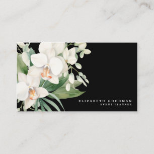 Elegant Modern White Orchids Black Business Cards