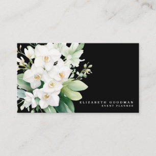 Elegant Modern White Orchids Black Business Cards