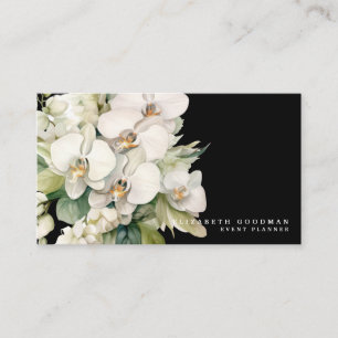 Elegant Modern White Orchids Black Business Cards