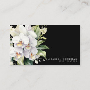 Elegant Modern White Orchids Black Business Cards
