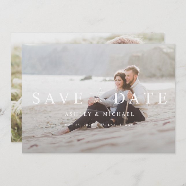 Elegant Modern White Overlay 2 Photo Wedding Save The Date (Front/Back)