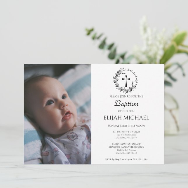 Elegant Modern White Photo Baptism Invitation (Standing Front)