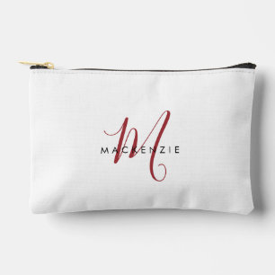 Elegant Modern White Red Script Monogram Accessory Pouch