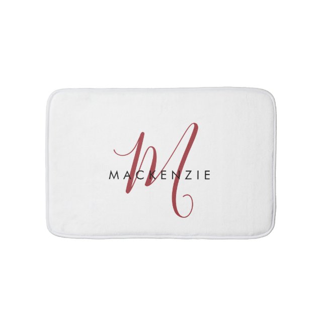 Elegant Modern White Red Script Monogram Bath Mat (Front)