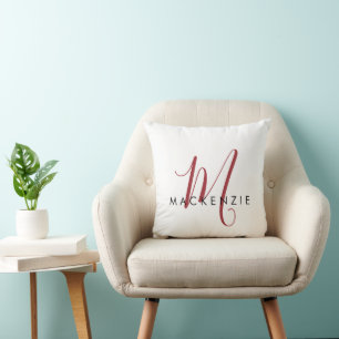 Elegant Modern White Red Script Monogram Cushion
