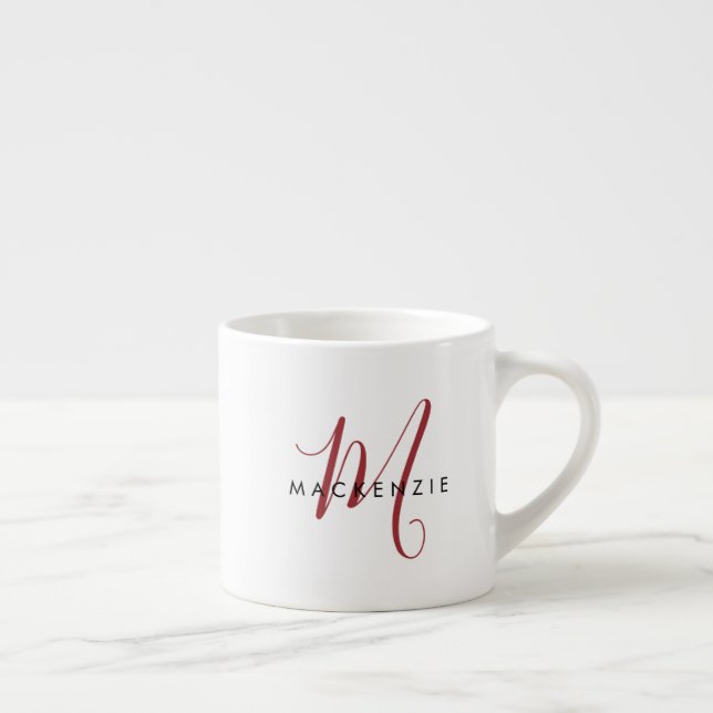 Elegant Modern White Red Script Monogram Espresso Cup (Right)
