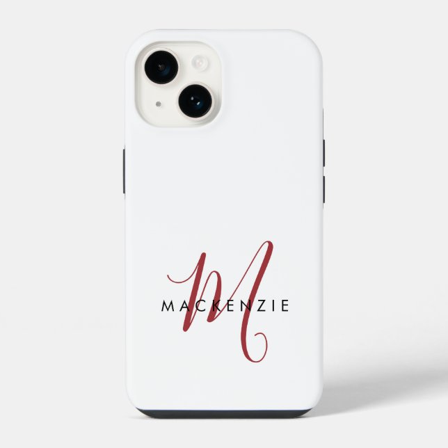Elegant Modern White Red Script Monogram  iPhone Case (Back)