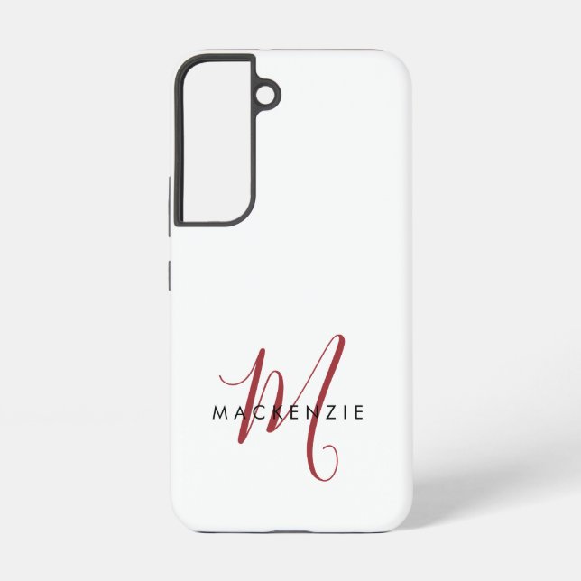 Elegant Modern White Red Script Monogram  Samsung Galaxy S22 Case (Back)