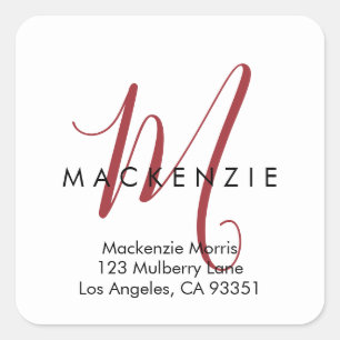 Elegant Modern White Red Script Monogram Square Sticker