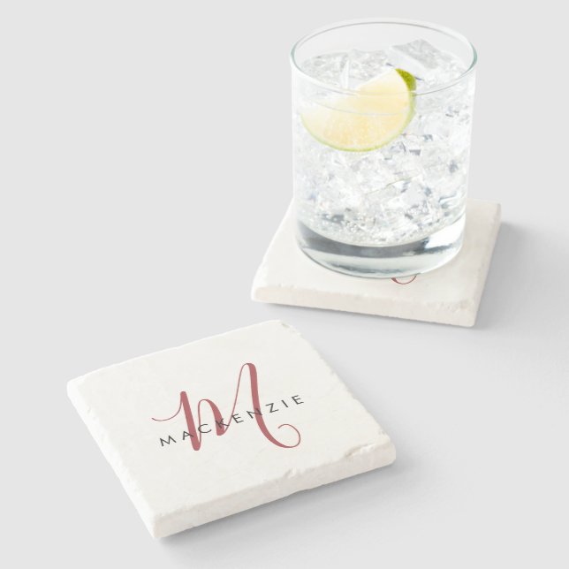 Elegant Modern White Red Script Monogram Stone Coaster (Side)