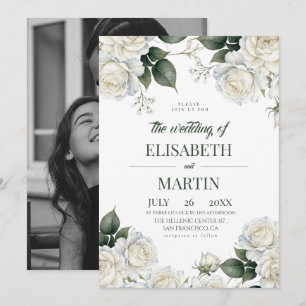 Elegant Modern White Rose Florals Wedding Invitation