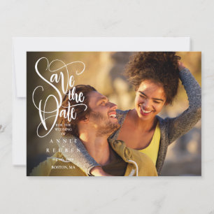 Elegant Modern White Script Photo Save the Date
