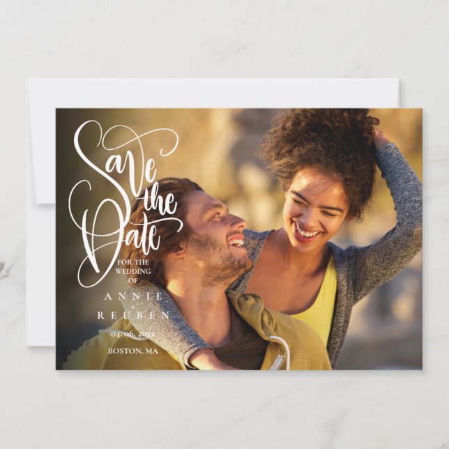Elegant Modern White Script Photo Save the Date  (Front)