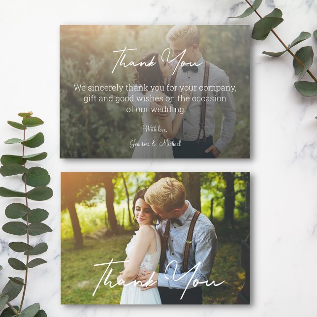 elegant modern white script wedding 2 photos thank you card (Creator Uploaded)