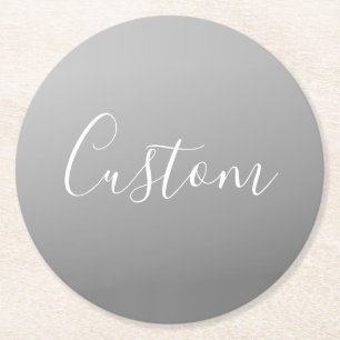 Elegant Modern White Script Writing Grey Gradient Round Paper Coaster