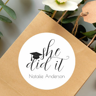 Elegant Modern White She Did It Graduate Classic Round Sticker