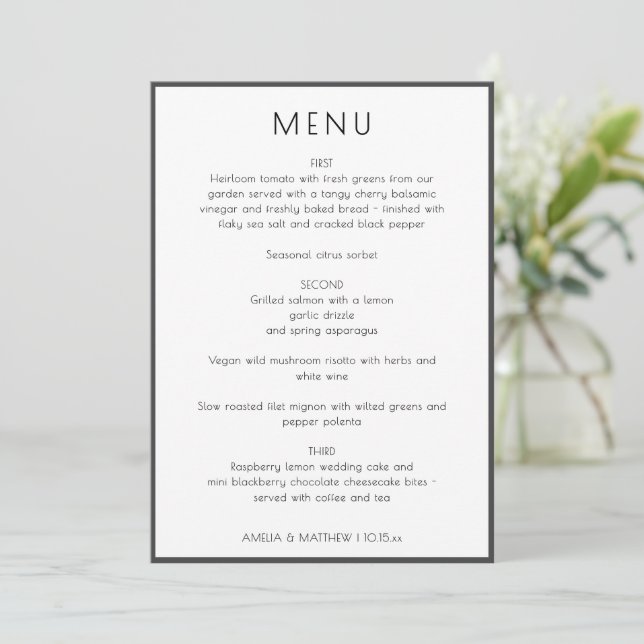 Elegant Modern White Simple Wedding Menu Card (Standing Front)