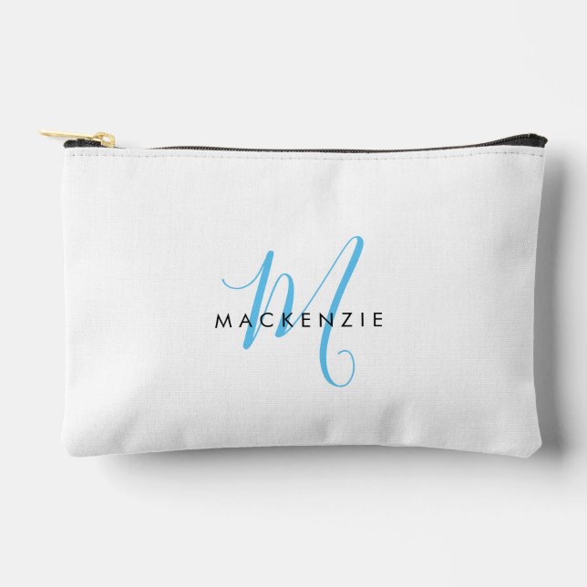 Elegant Modern White Sky Blue Script Monogram Accessory Pouch (Front)