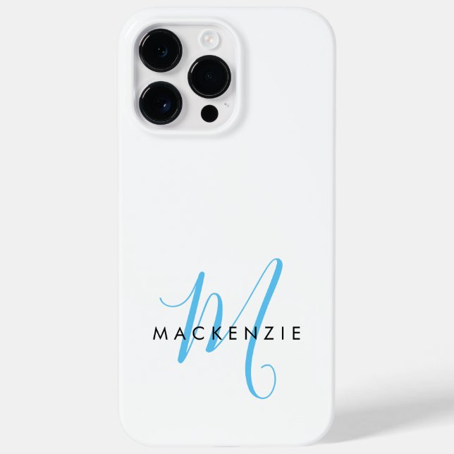 Elegant Modern White Sky Blue Script Monogram Case-Mate iPhone Case (Back)