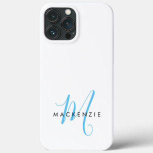 Elegant Modern White Sky Blue Script Monogram iPhone 13 Pro Max Case