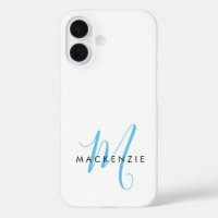 Elegant Modern White Sky Blue Script Monogram