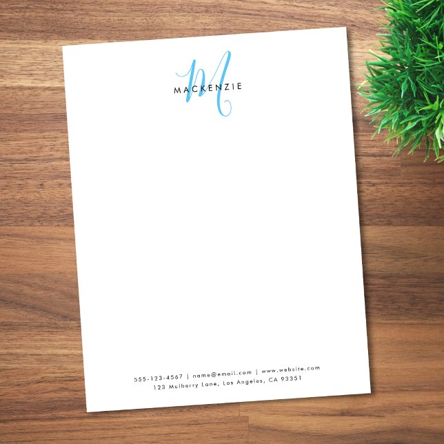 Elegant Modern White Sky Blue Script Monogram Custom Letterhead (Creator Uploaded)