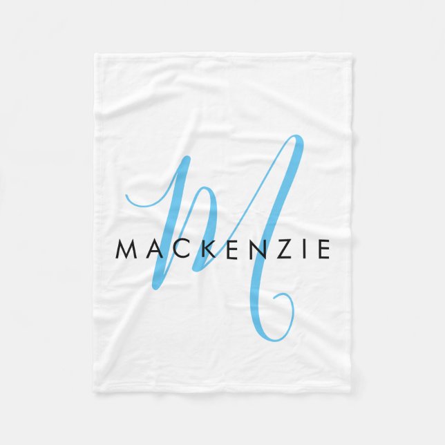 Elegant Modern White Sky Blue Script Monogram Fleece Blanket (Front)