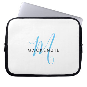 Elegant Modern White Sky Blue Script Monogram Laptop Sleeve