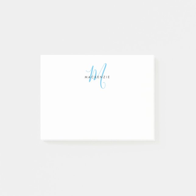 Elegant Modern White Sky Blue Script Monogram Post-it Notes (Front)