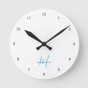 Elegant Modern White Sky Blue Script Monogram Round Clock