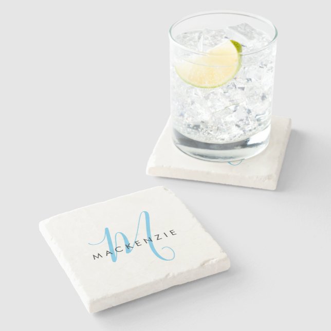 Elegant Modern White Sky Blue Script Monogram Stone Coaster (Side)