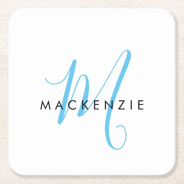 Elegant Modern White Sky Blue Script Square Paper Coaster (Front)