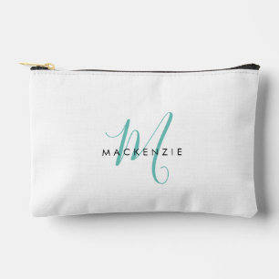 Elegant Modern White Teal Script Monogram Accessory Pouch