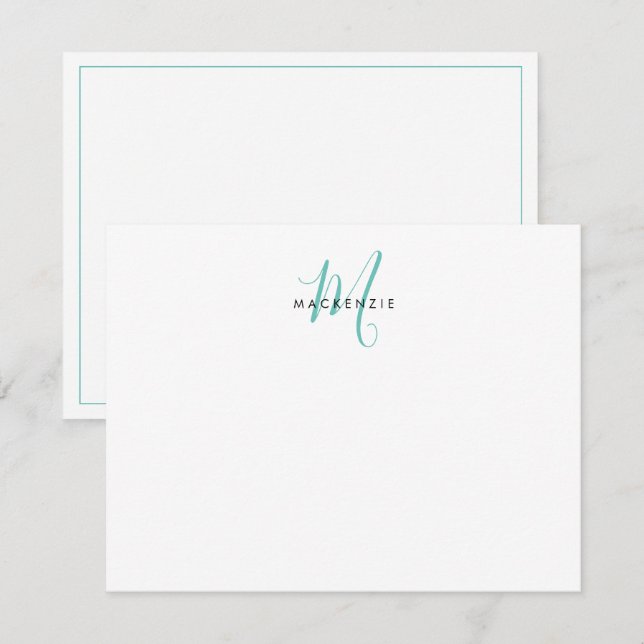 Elegant Modern White Teal Script Monogram Card (Front/Back)