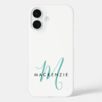 Elegant Modern White Teal Script Monogram