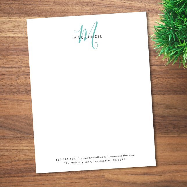 Elegant Modern White Teal Script Monogram Custom Letterhead (Creator Uploaded)