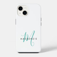 Elegant Modern White Teal Script Monogram