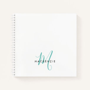 Elegant Modern White Teal Script Monogram Notebook