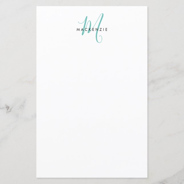 Elegant Modern White Teal Script Monogram Paper (Front)