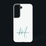Elegant Modern White Teal Script Monogram Samsung Galaxy Case<br><div class="desc">Elegant Modern White Teal Script Monogram Phone Case.  An elegant teal script monogram combined with a clean black san-serif font makes for a contemporary look.</div>