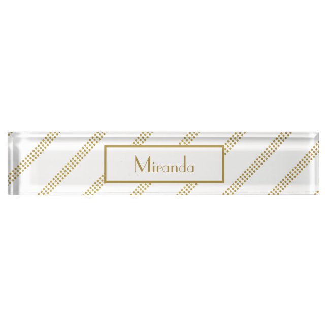 Elegant Modern White with Dotted Gold Lines Nameplate (Front)