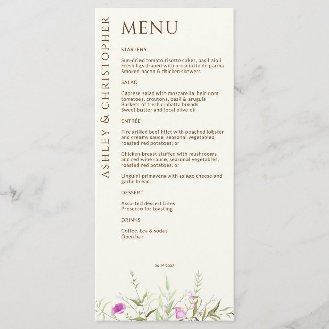 Elegant Modern Wildflower Off-White Wedding Menu (Front)