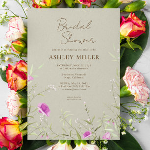Elegant Modern Wildflower Taupe Bridal Shower Invitation