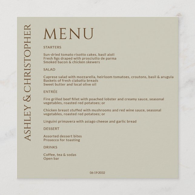 Elegant Modern Wildflower Taupe Wedding Menu (Front)