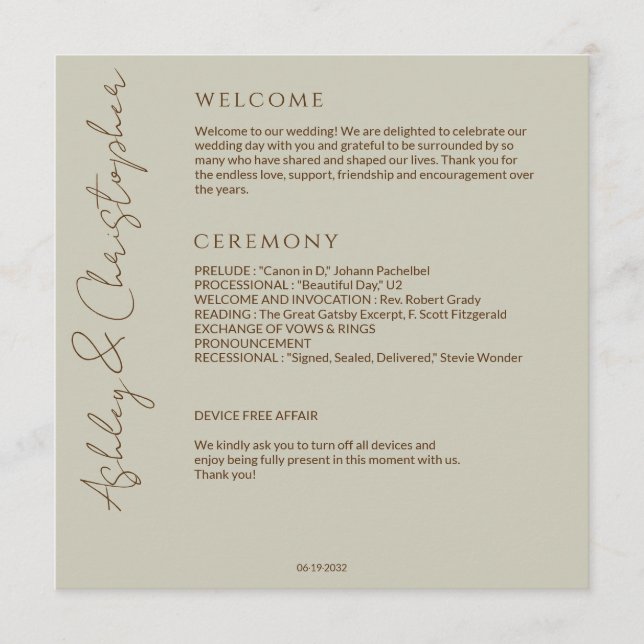 Elegant Modern Wildflower Taupe Wedding Programme (Front)